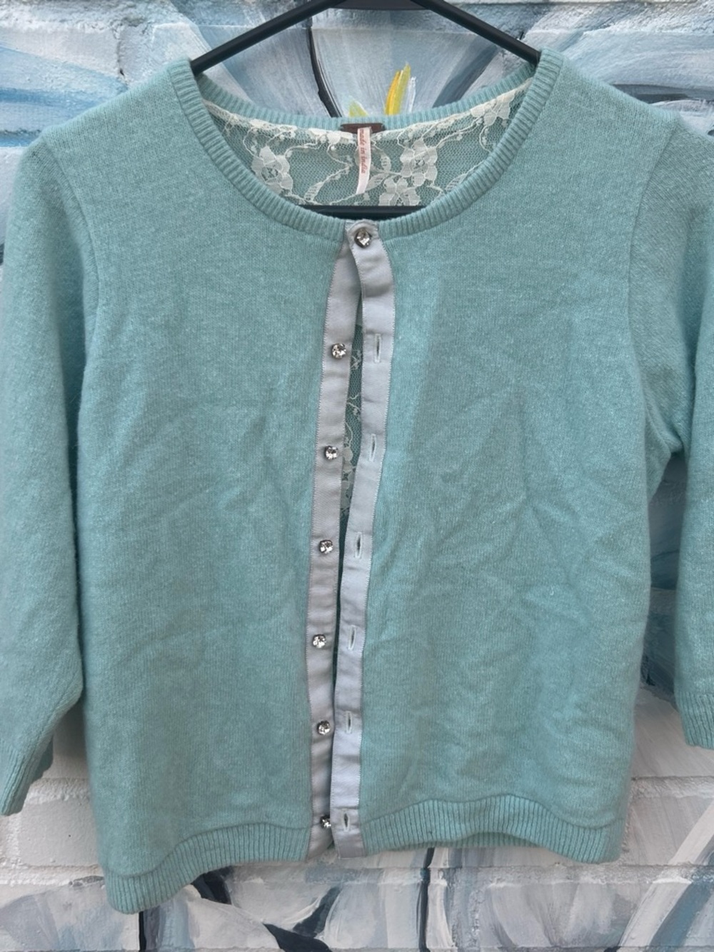 Free People Aqua Lace-Back Snap Front Cardigan